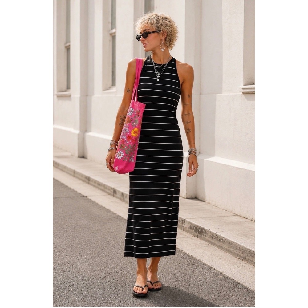 Athleta Striped High Neck Midi Dress Black White Pima Cotton Modal XS
